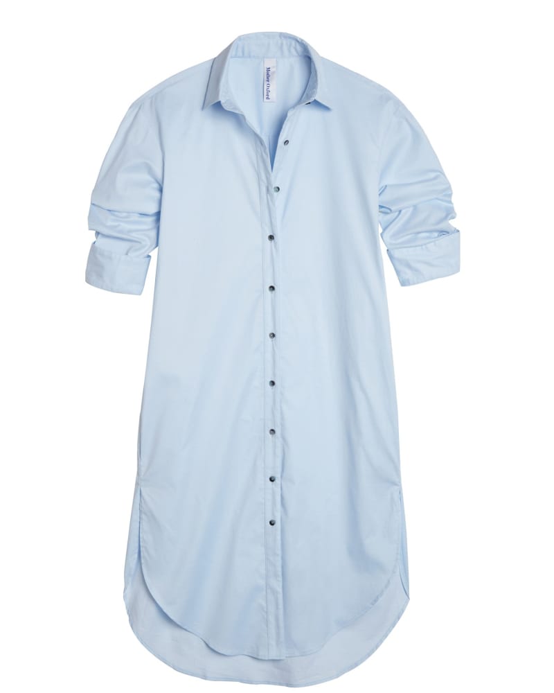 Front of a size 3 The Shirtdress in Blue by Mother Oxford. | dia_product_style_image_id:348371